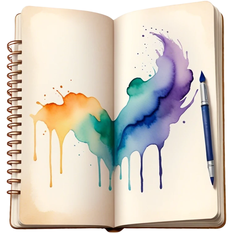 Cinematic Realistic image of an open sketchbook accompanied by a set of translucent watercolors, with delicate pigment stains and soft, flowing brushstrokes, captured under gentle, diffused lighting that highlights creative fluidity emoji