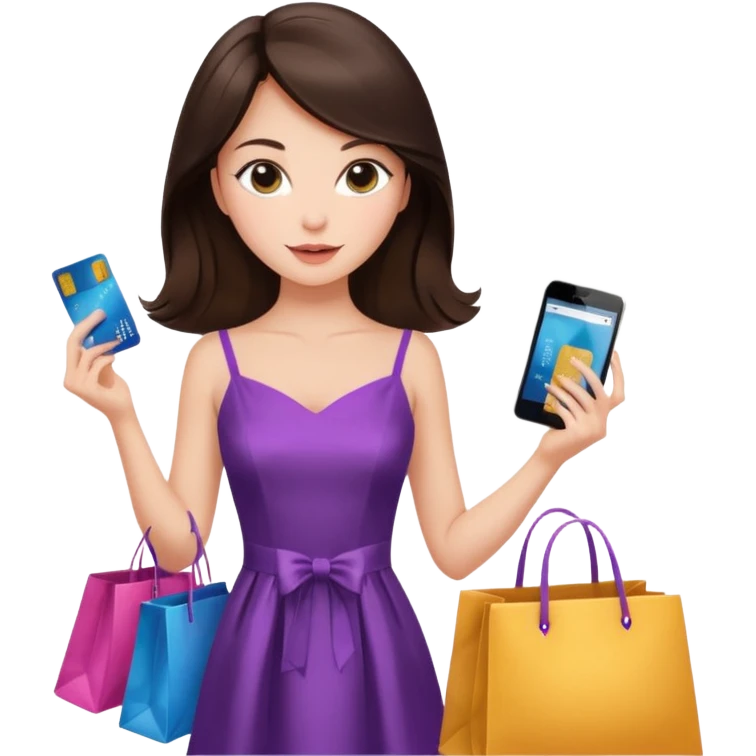 Glam brunette girl calmly choosing one premium shopping bag, giving a small approving nod — quality over quantity emoji