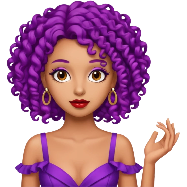 Fashion Model with Purple Curls, red dress emoji