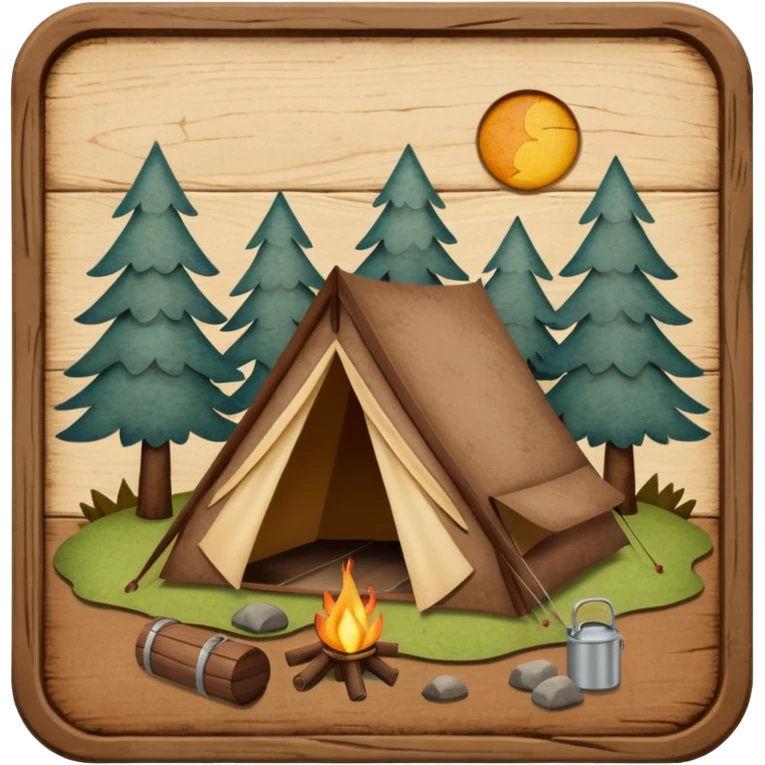 Wooden Camping sign made of felt texture, scrapbooking style, transparent background emoji