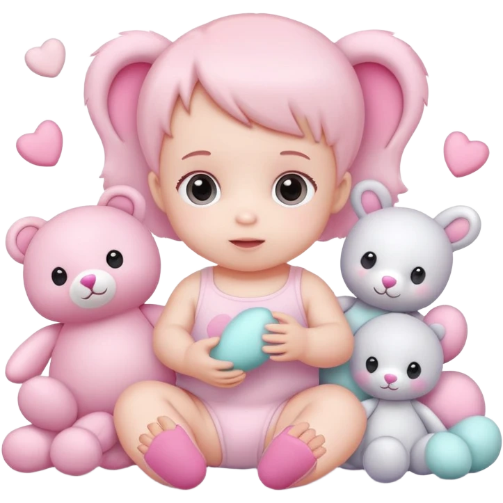 cute baby playing with pastel pink toys and plushies emoji