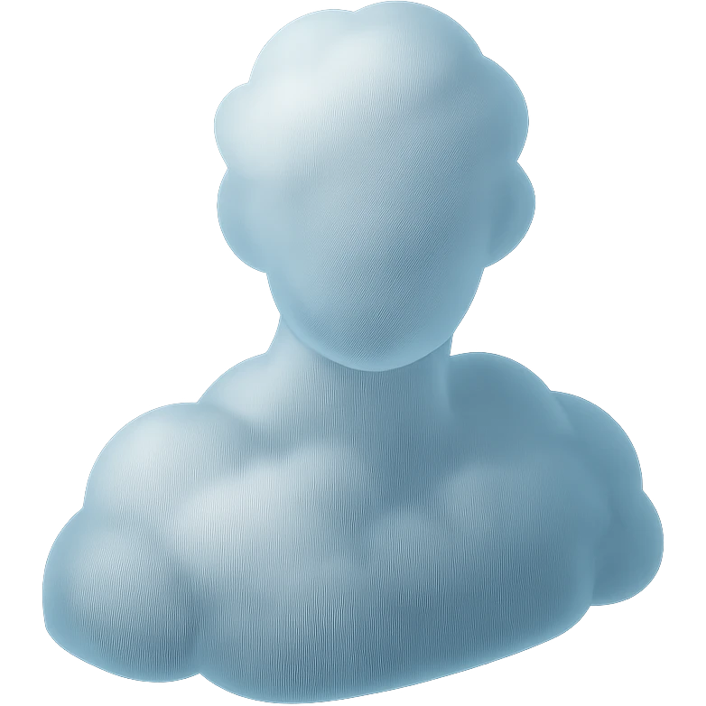 shoulder-up person fully made of white fluffy convex clouds, matte glass style, volumetric and soft clouds, airy and light appearance, clouds with slight transparency, no background emoji
