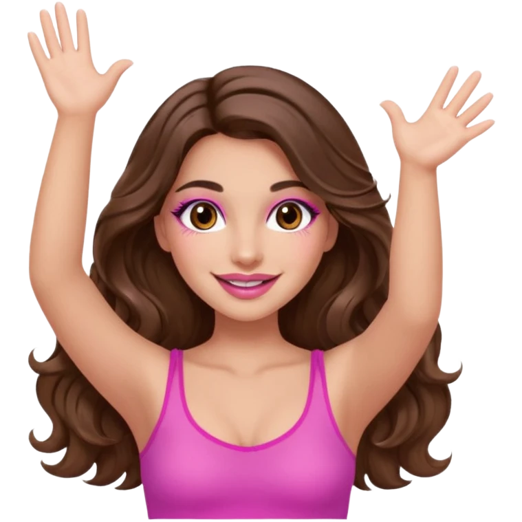 girl with long wavy brown hair, brown eyes, long lashes makeup, sexy pink lips, light to medium complexion, wearing a pink sexy top, both hands in the air high emoji