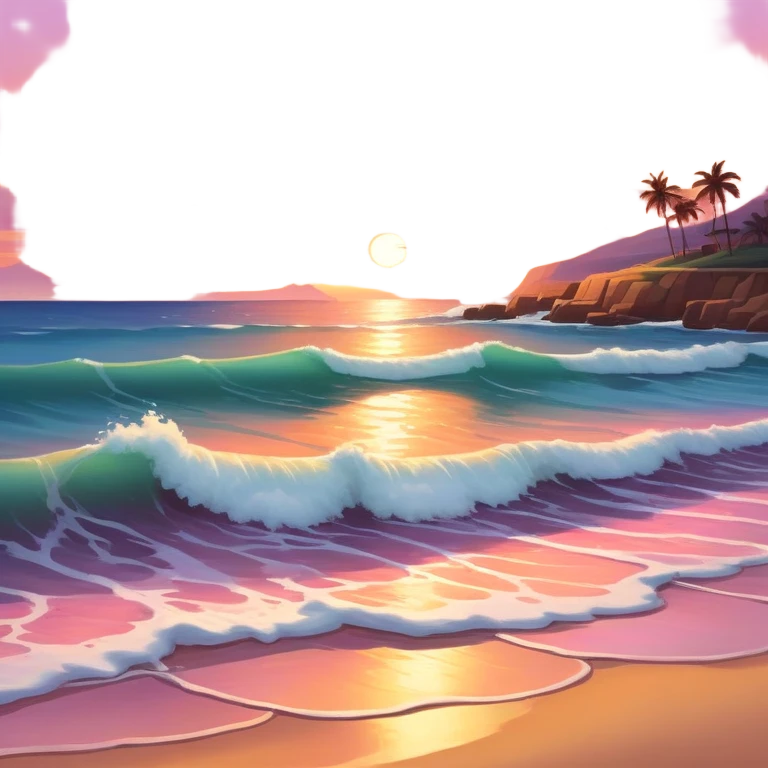 A tranquil seascape with warm-toned waves gently crashing onto the shore, bathed in the golden hues of a sunset. The sky is painted in vibrant oranges and pinks, with a serene, peaceful atmosphere and a distant horizon that adds depth to the beautiful scene. emoji