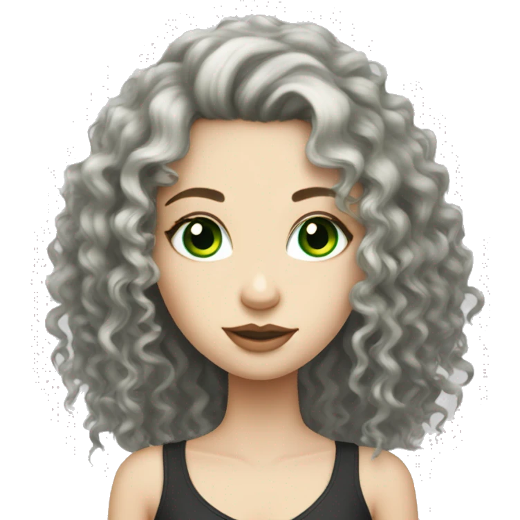 white skin, long black curly hair, green eyes, girl emoji