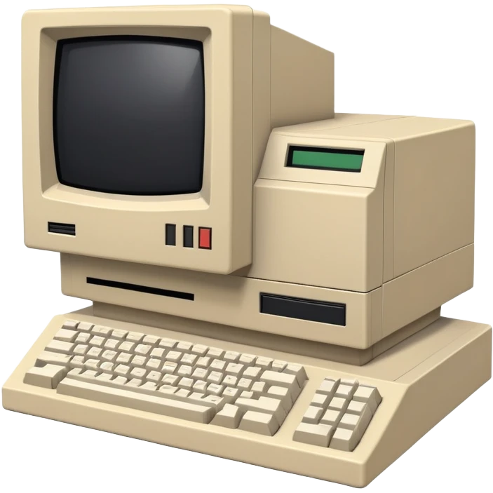 Vintage desktop computer from the 80s, bulky beige monitor with floppy disk drive, separate keyboard, nostalgic tech aesthetic emoji