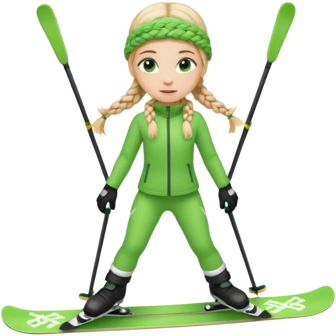 Green eyed cute Blonde girl with braids standing on skis  emoji