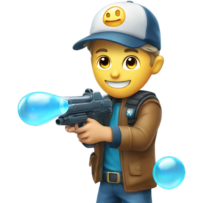 Caucasian boy in glowing gear with mask and hat and shooting a bubble gun emoji