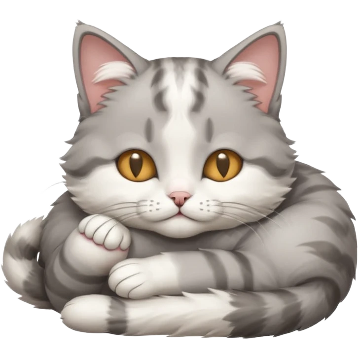 grey and white small cat with its eyes closed lying down with its paw curled and holding up his head emoji