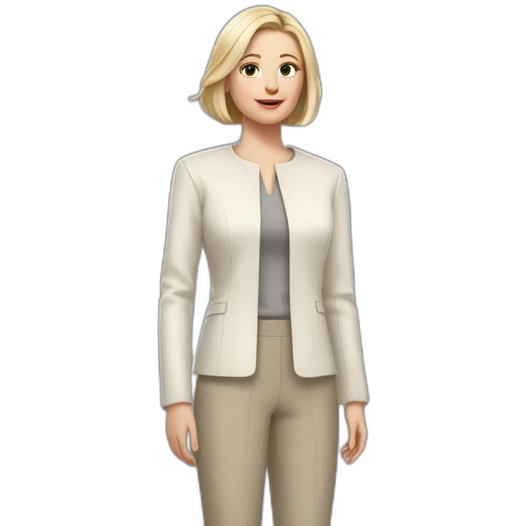 Full height Actively gesturing with hands pale skin woman with ash blonde Straightened bob Hair, White Spacious classical jacket, beige palazzo Arrow pants and gray blouse emoji