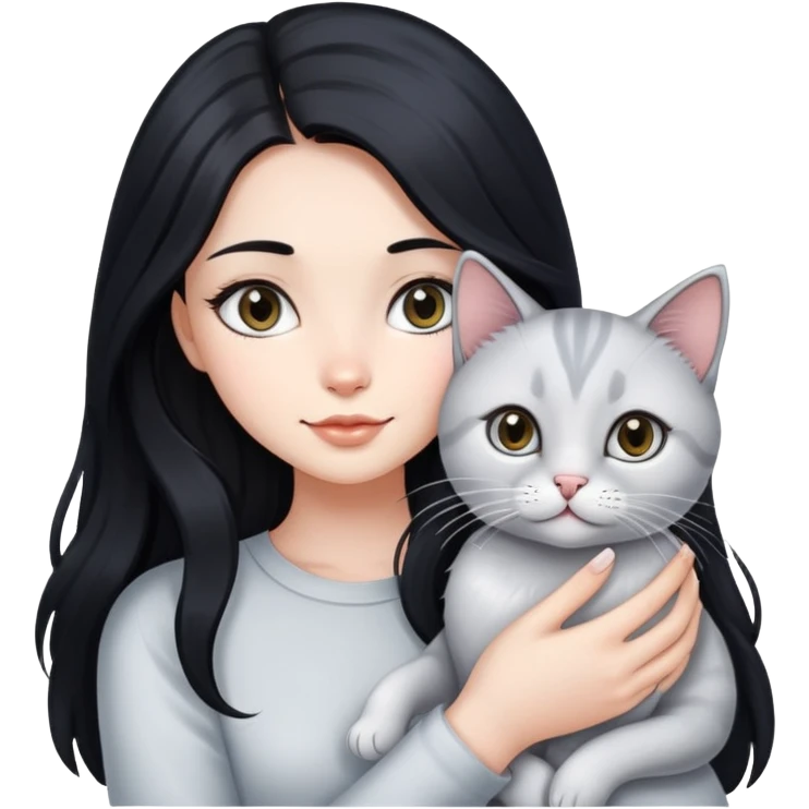 beautiful girl with long black hair holding a silver-colored cat emoji