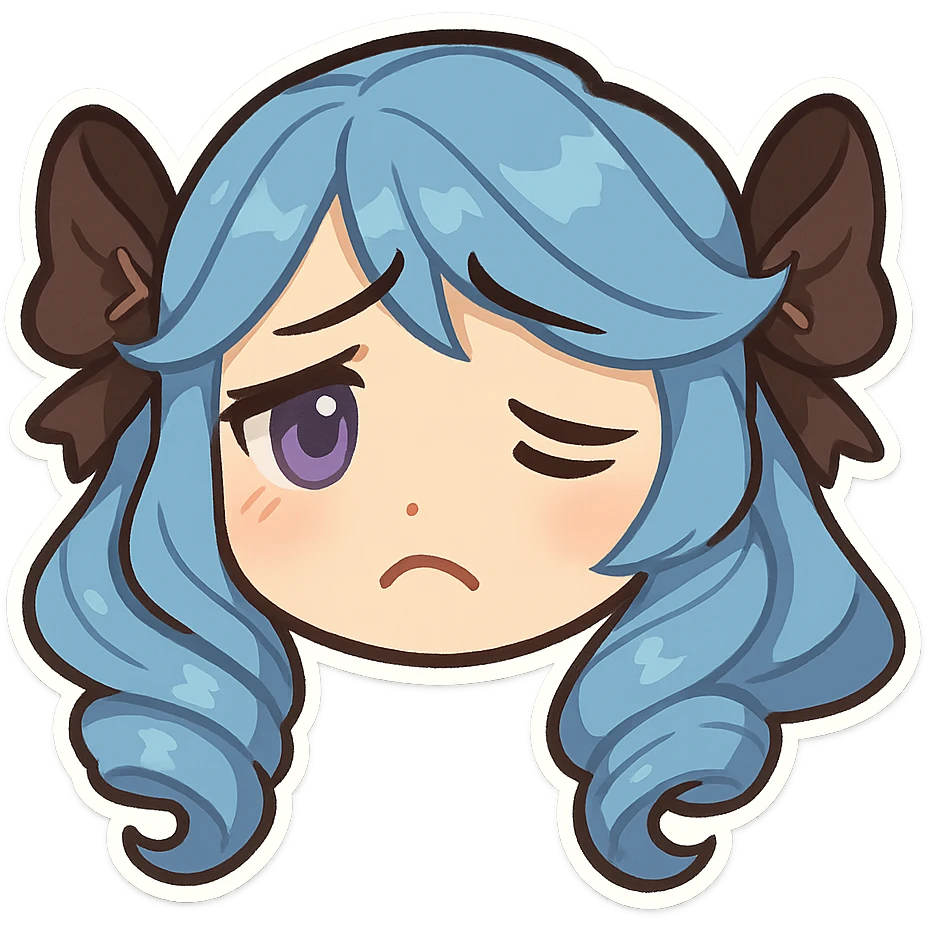 Gwen from League of Legends, chibi style, only head, borderless, right eye purple, both eyes same size, sad emote 3 emoji