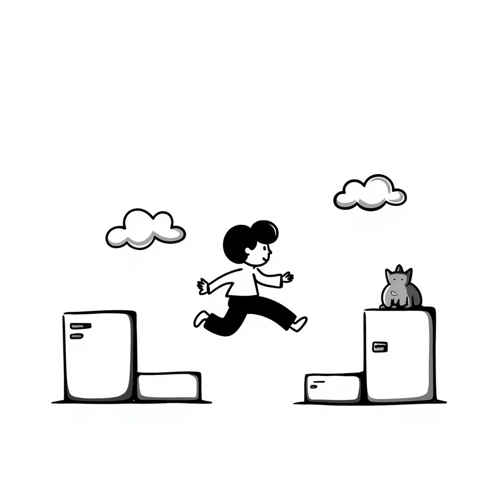 pixel art of a retro side-scrolling video game scene with blocks, platforms, clouds and a character jumping, 8-bit Game Boy style emoji
