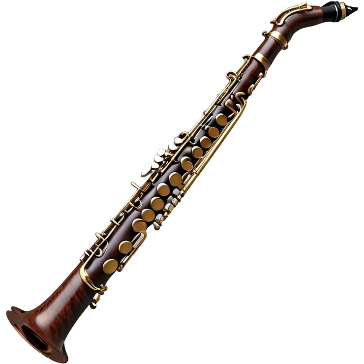 Create a detailed and unique emoji representing a clarinet with a saxophone-style mouthpiece. The design should feature the sleek, dark wood finish of the clarinet, with its shiny metal keys clearly visible, but at the top, include the large, curved mouthpiece typical of a saxophone. The mouthpiece should have a reed, similar to the one used in a saxophone, with subtle details to indicate its function. Use dark wood tones for the body of the instrument and silver or brass accents for the keys. Add small musical notes or soundwaves around the instrument to evoke its smooth, melodic sound. The background should be transparent emoji