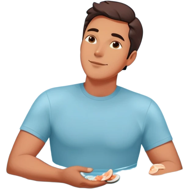 Relaxed floating man surrounded by circling foods: pieces of salmon, dark chocolate, almonds, and spinach leaves. These omega-3 and magnesium-rich foods glow softly as they orbit around him, creating a peaceful, weightless atmosphere. emoji