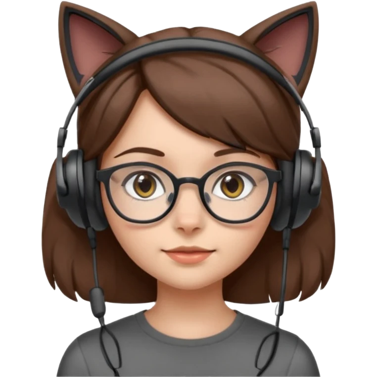 fille brune a lunette avec casque oreille de chat noir et gris sans boucle d'oreille emoji