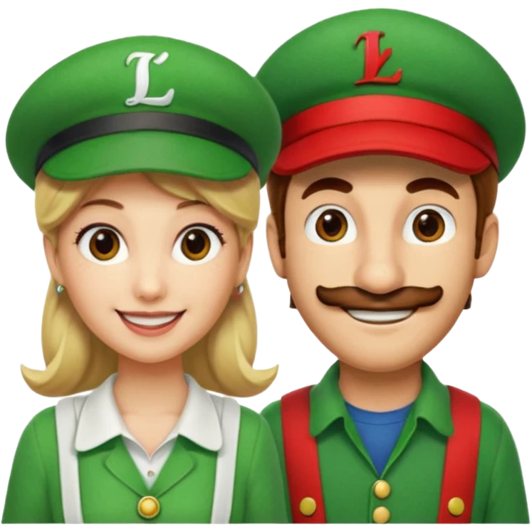 blonde female Luigi (with the Luigi green hat with an L on it) and a normal brown hair male Mario with the red hat with a M on it. They are friends just smiling emoji