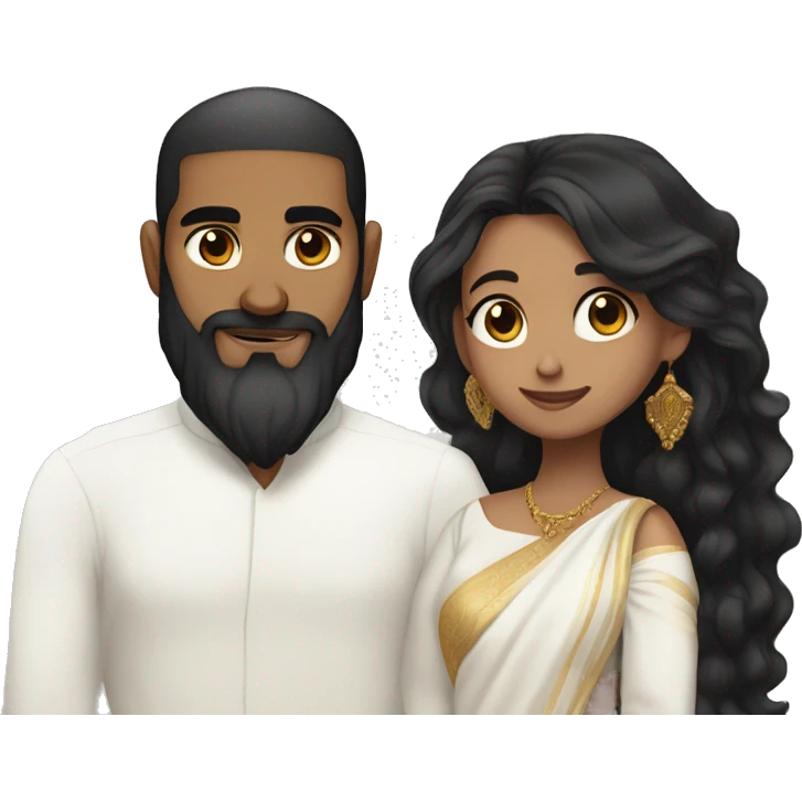 Light skin;Black long hair girl  in a white saree hugging with a man with black beard and hair on top emoji