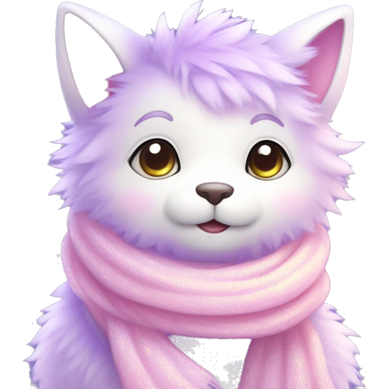 Kawaii cute gorgeous colorful sparkly bright light pastel lilac-pink-white-gradient fantasy ethereal fluffy fursona animal creature with a cute scarf emoji