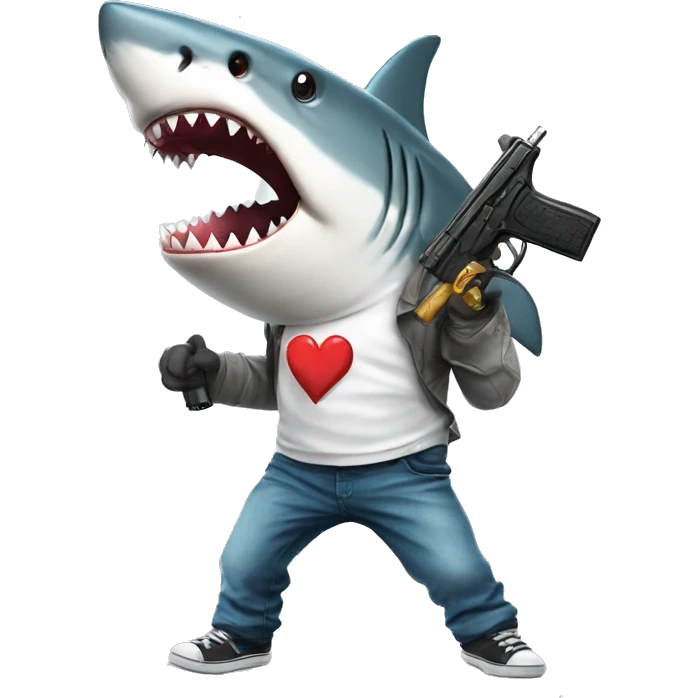 shark with a gun and a shirt with an white f emoji