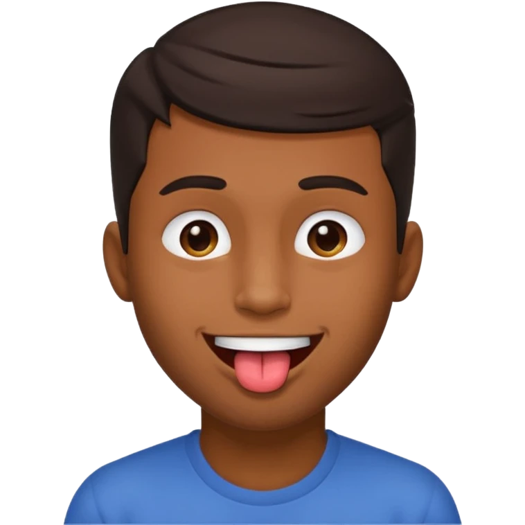A brown skin guy with dark hair that is his covering forehead, his head is tilted back a bit and his tongue is out emoji