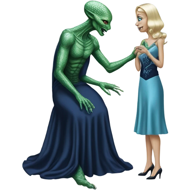 alien reptilian green skin woman, in long slim pastel blue formal party satin dress with gradient shiny sparkling navy blue diamonds embroidered , and caucasian man in black dres on his knees asks her to marry her emoji