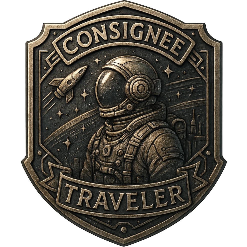 a metal insignia badge for a consignee traveler visitor, space scifi-futuristic cyberpunk futurepunk emoji