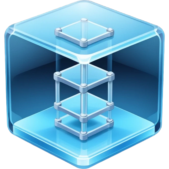 Isometric 3D transparent glass cube with rounded edges, corner bolts, and three floating server layers inside. Holographic panel on top. Cool blue tones on dark navy background.
 emoji