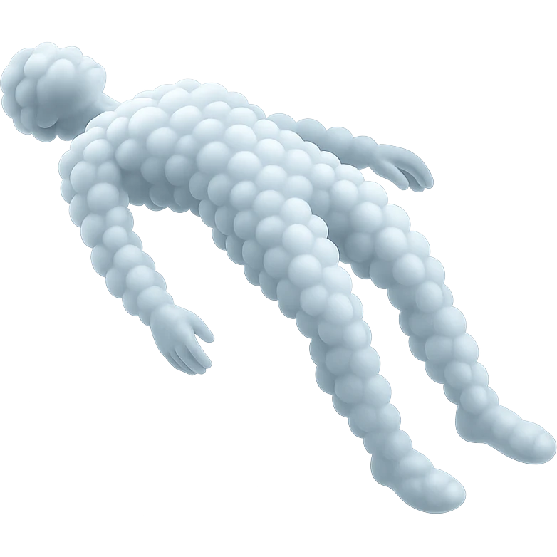 side view of unconscious person flying torso up, legs and arms down, made of small very bright white fluffy convex clouds, matte glass style emoji
