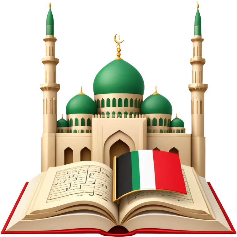 An icon featuring the mosque and the flag of United Arab Emirates, symbolizing the Arabic language. The design includes an open book with Arabic script and calligraphy, representing language learning and cultural heritage. Transparent background emoji