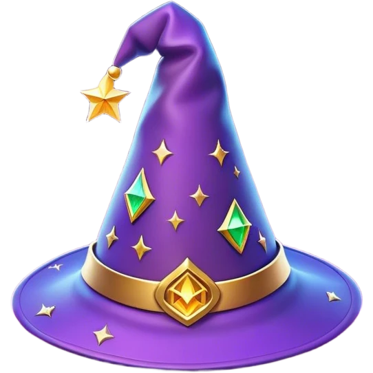 Clash of Clans aesthetic: Cinematic Playful Wizard's Hat Emoji, rendered in a 3D vector-style similar to standard emojis with minimal shading and bold, simplified shapes. A compact, isometric pointy hat with a wide brim adorned with mystical symbols and subtle enchanted shimmer, softly glowing with a magical whimsical charm. Simplified yet unmistakably iconic, highly detailed and consistent, glowing with a soft radiant glow and high shine. Stylized with a touch of classic sorcery and a soft glowing outline, capturing the essence of a legendary wizard’s hat with a friendly, playful manner! emoji