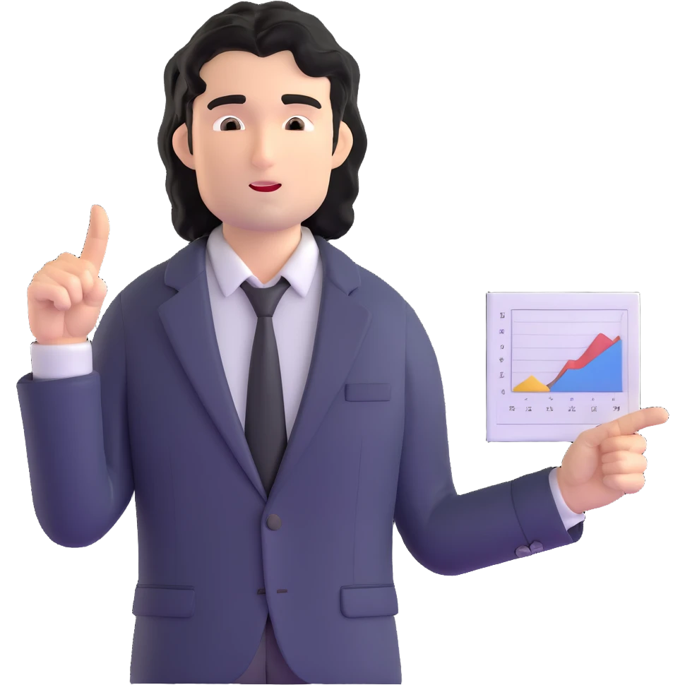 Business strategist man with black wavy hair, stubble, chiseled face, wearing blazer and button-up shirt, standing and pointing at charts while consulting with seated clients, confident leadership expression emoji