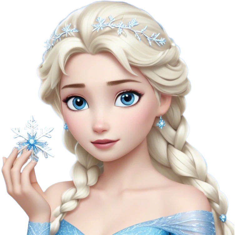 Cinematic Realistic Elsa Portrait, depicted with lifelike skin texture, soft natural lighting, and intricately detailed platinum blonde hair styled elegantly. Her striking, expressive blue eyes exude confidence and grace, complemented by a serene and regal expression. She holds a shimmering snowflake delicately in one hand, her other hand resting against her gown, embodying the power and beauty of winter. She is dressed in her signature icy attire, with shimmering fabric textures and delicate folds that catch the light beautifully. The portrait features a soft, enchanting glow with a cool, radiant finish, capturing the essence of timeless elegance in a realistic and painterly style. emoji