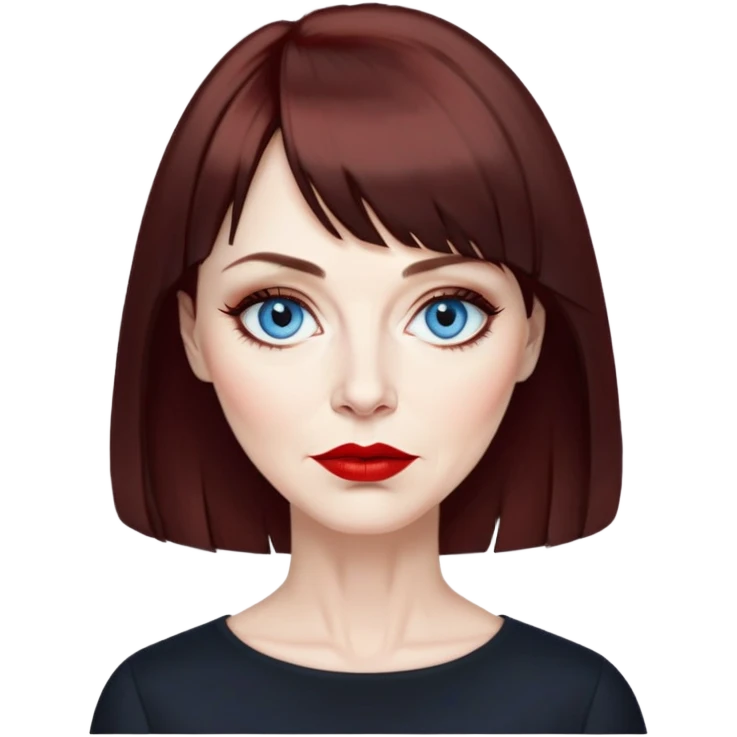 Artistic woman in her late 50s with pale skin, wider face, visible age lines around eyes and mouth, blue eyes with eyeliner, thin eyebrows, red lipstick, dark auburn hair with bangs styled more conservatively, wearing a black top emoji