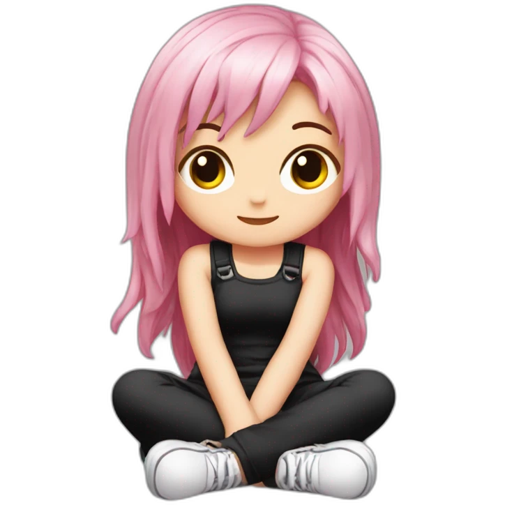 Full body Front view curvy emo girl pink hair sits on the floor straight view hands up black skirt полосатые рваные чулки emoji