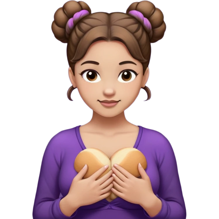 The image is a photograph of a naked woman with large breasts, posing for the camera. The image is likely intended to be explicit or provocative, given the woman's partial nudity and the focus on her breasts. * **Woman** + Age: Young adult + Facial expression: Slightly smirking + Hair: Brown, styled in two buns + Skin tone: Light * **Breasts** + Size: Very large + Shape: Rounded + Position: The woman is holding her hands to cover her nipples, which are labeled "A" and "L" respectively. * **Background** + Color: Dark purple + Texture: Slightly rough * **Overall Impression** + The image has a sensual and provocative tone, with the focus on the woman's breasts and body. In summary, the image is a close-up photograph of a young woman with large breasts, posing for the camera with her hands covering part of her nipples. The background is a dark purple color, and the overall impression is one of sensuality and provocation. emoji
