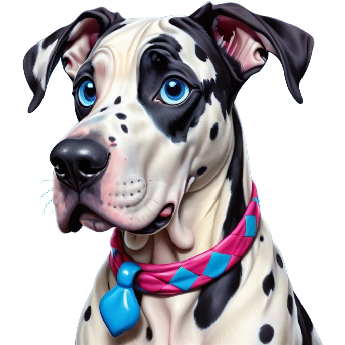 Cinematic Comical Harlequin Great Dane Portrait Emoji, Head tilted dramatically with an exaggeratedly shocked or amused expression, featuring a striking coat of predominantly white with vivid black patches, wide, expressive blue eyes filled with playful disbelief, Simplified yet hilariously expressive features, highly detailed, glowing with a slightly sassy glow, high shine, dramatic yet playful, stylized with an air of cheeky charm, bright and endearing, soft glowing outline, capturing the essence of a spirited and over-the-top guardian, so meme-worthy it feels like it could side-eye its way into internet fame instantly! emoji