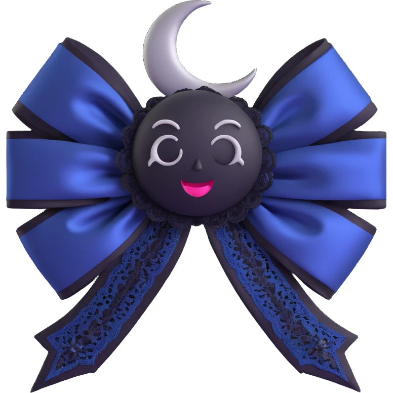 3D emoji gothic bow, midnight blue satin, silver crescent moon, black lace trim, mysterious and elegant emoji