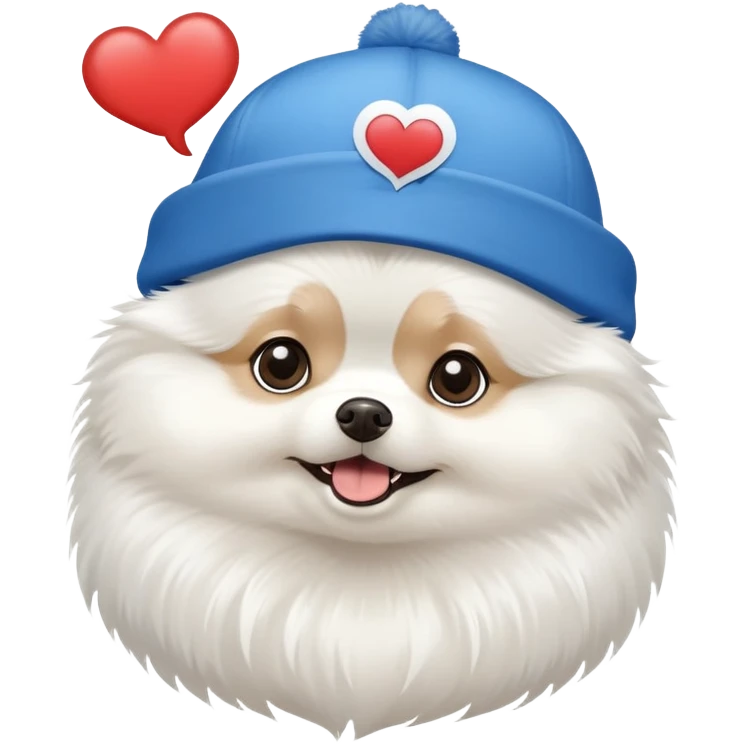 White Pomeranian wear a blue cap say "I love in see" in the bubble box emoji