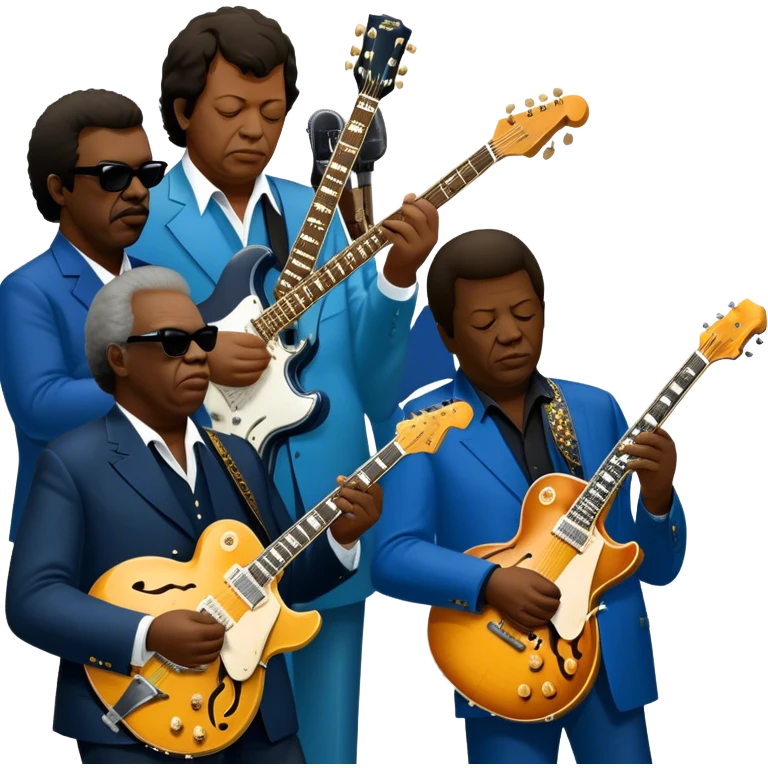 Icon for Blues Music: close-up collage of legendary blues artists. Gary Moore, Eric Clapton, B.B. King and Joe Cocker. Represented by silhouettes or symbolic items like guitars, microphones, or music notes, reflecting the soulful energy of blues music. Transparent background. emoji