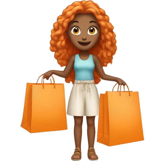 Tan girl with long orange hair wearing cute outfit holding shopping bags emoji