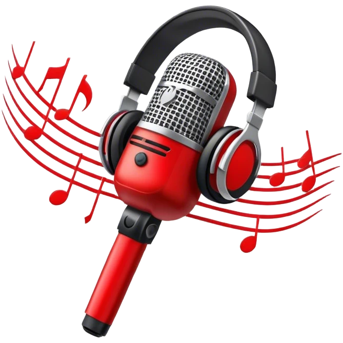Create a dynamic and energetic emoji that represents beatboxing. The design should feature a stylized microphone with sound waves emanating from it, symbolizing vocal percussion and rhythm. Add elements like headphones or a subtle speaker to emphasize the music production aspect. Use bold colors like black, white, and red to convey the intensity and creativity of beatboxing. The background should be transparent. emoji