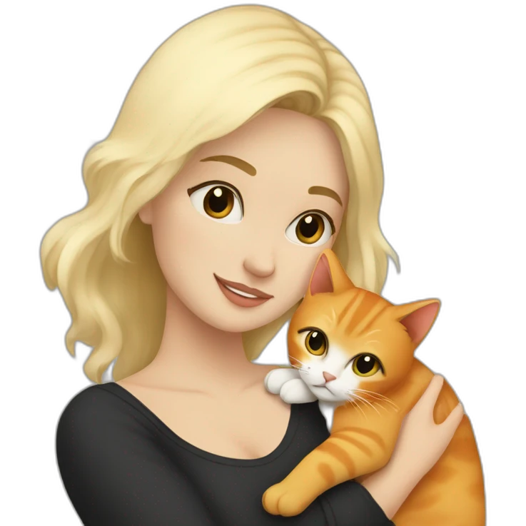 blonde-haired woman cuddling with a white and black and orange cat emoji