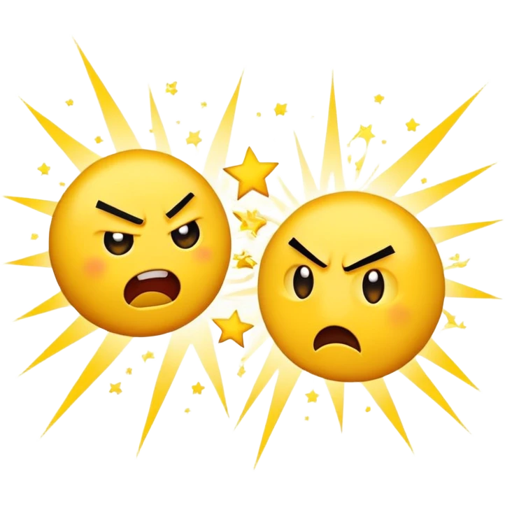 two yellow emojis, one angry and one surprised, dramatic punch with comic impact effects including stars, motion lines, and 'POW!', playful and bold emoji