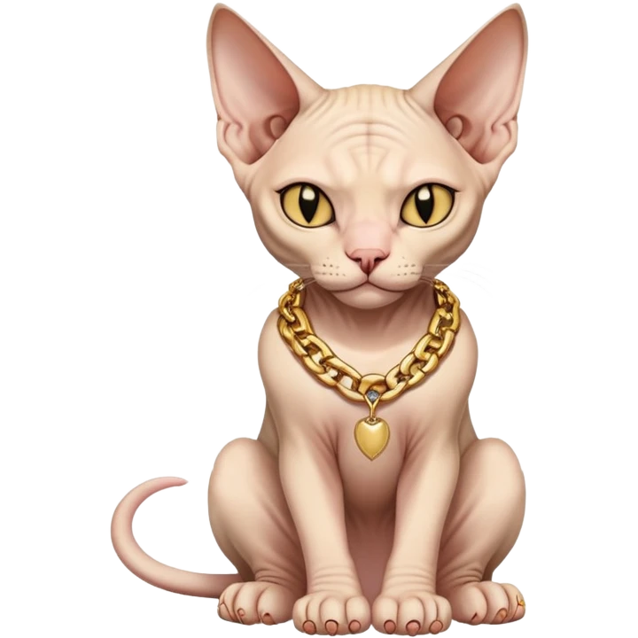 Sphynx cat full body sitting with a gold chain, one eye closed emoji