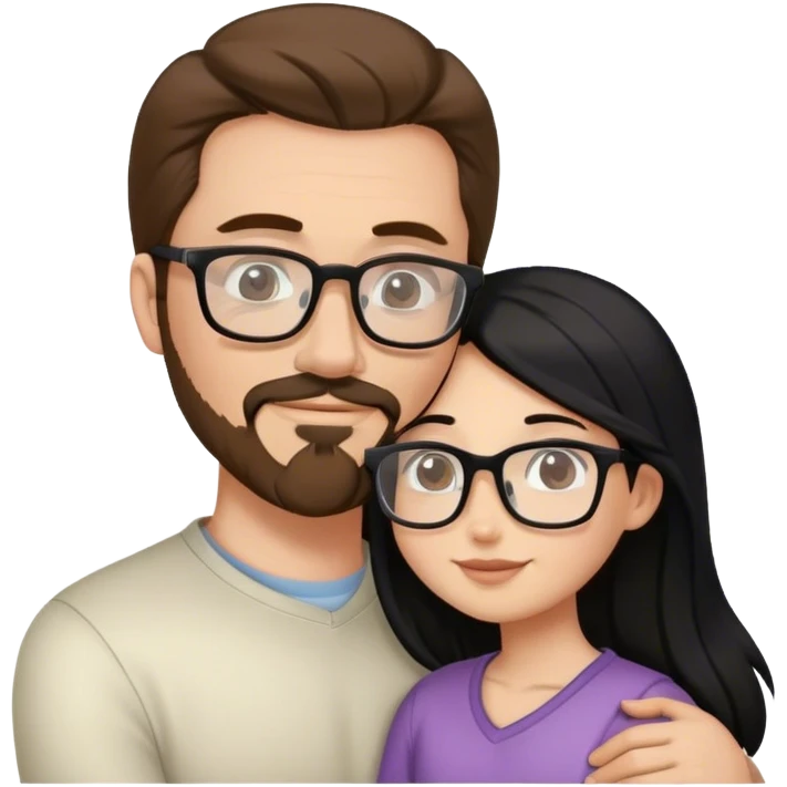 Tall white man brown hair and goatee hugging small woman long black hair square glasses emoji