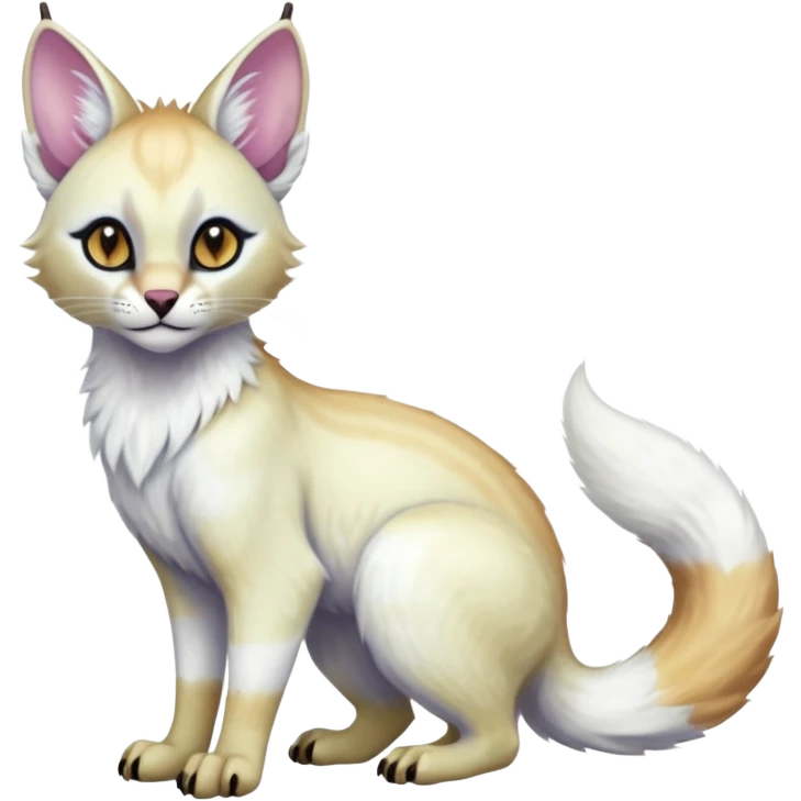 Colorful tropical pearly-albino-white iridescent glorious divine exotic cute cool beautiful shiny beautiful fantasy-caracal-civet-genet-sergal-vernid-Cacomistle-oncilla-animal-Fakémon-hybrid-fursona with tufted ears (full body) emoji
