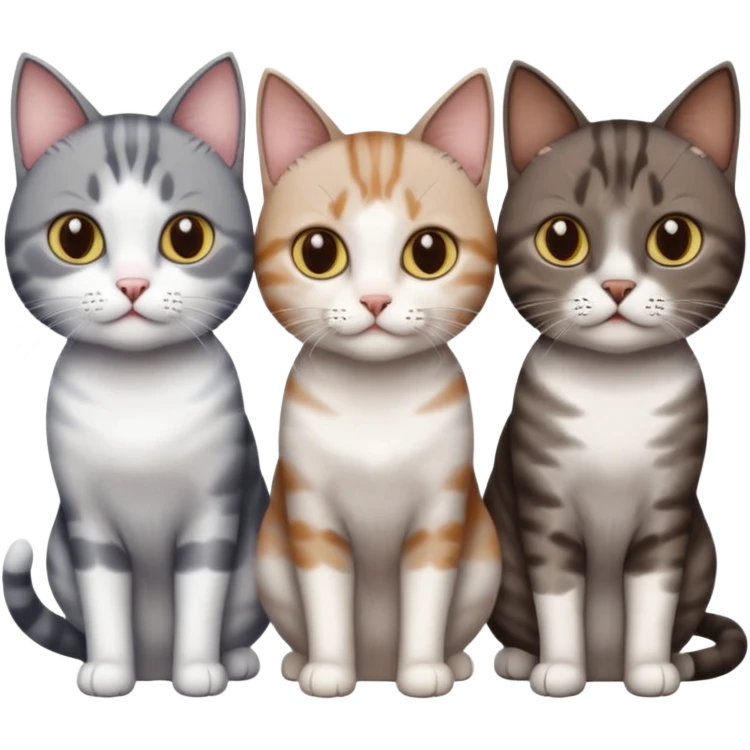 3 different coloured short haired cats including; a dark brown tabby and white cat, and a dark grey and white  emoji