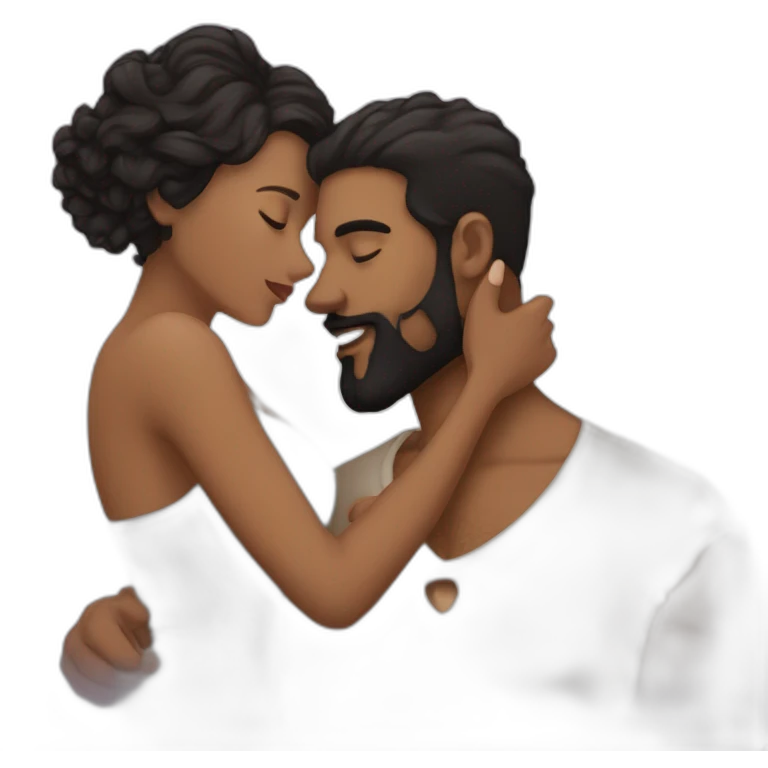 Brown man with a smooth black hair cut fade and a black beard kissing a White woman with long brown curly hair emoji