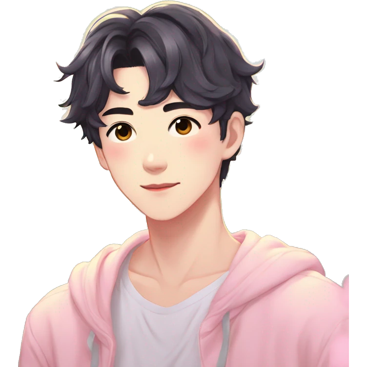 Gorgeous bright sparkly romantic Asian anime pastel guy with blushing face aesthetic trending style outside emoji